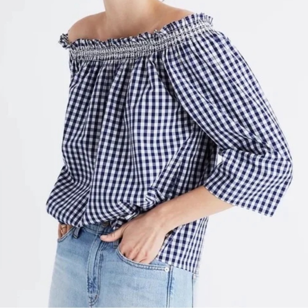 ! Madewell | Navy White Gingham
Smocked Off Shoulder Blouse Top Shirt
